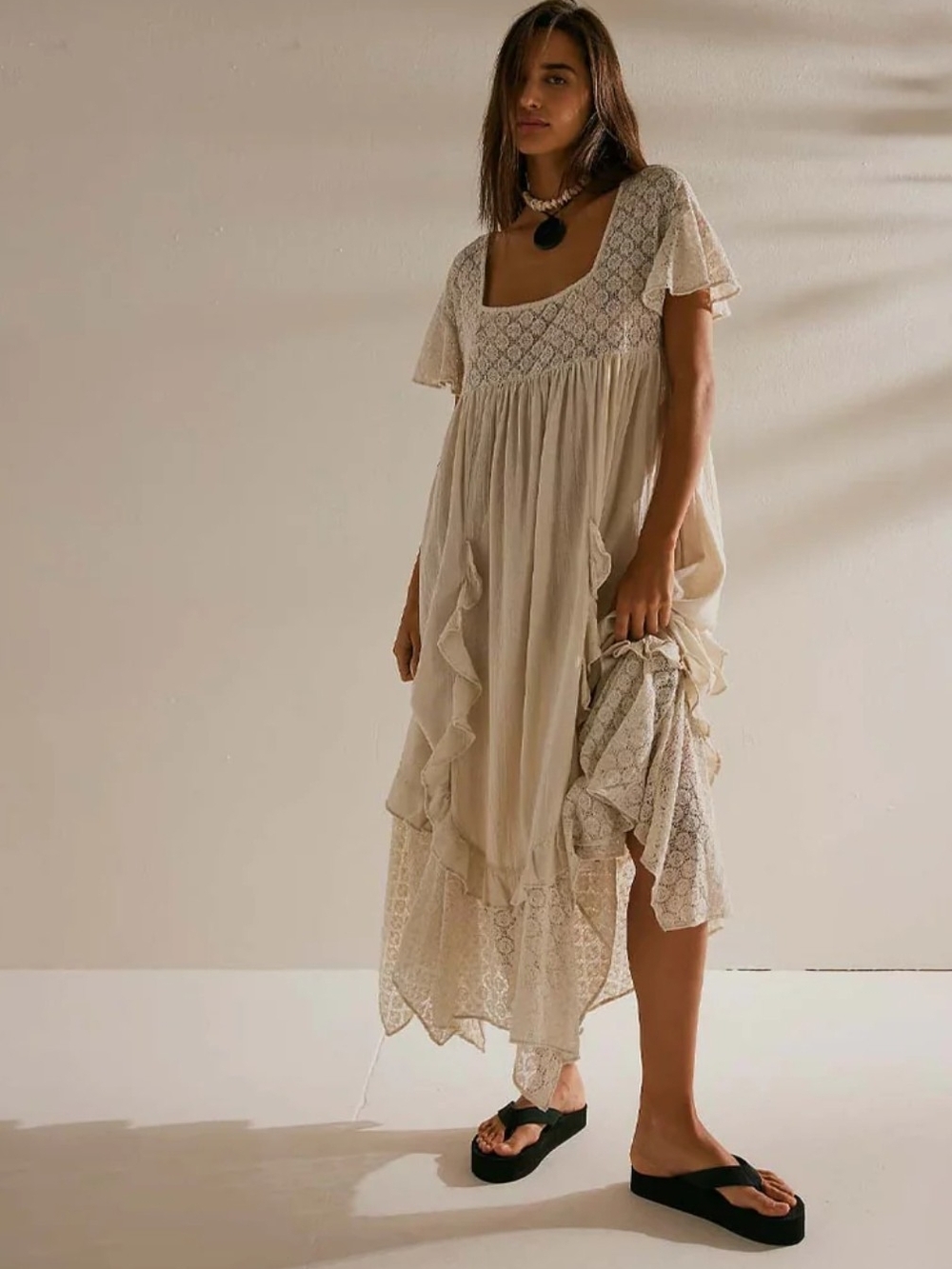 Free People Bring the Romance Midi Bohemian Lace-Inset Maxi Dress in Neutral - Picture 4 of 8